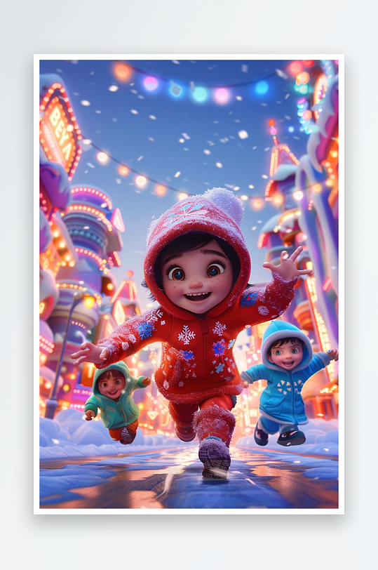 冬天雪地中玩耍的小孩-众图网