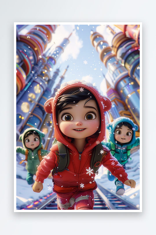 冬天雪地中玩耍的小孩-众图网