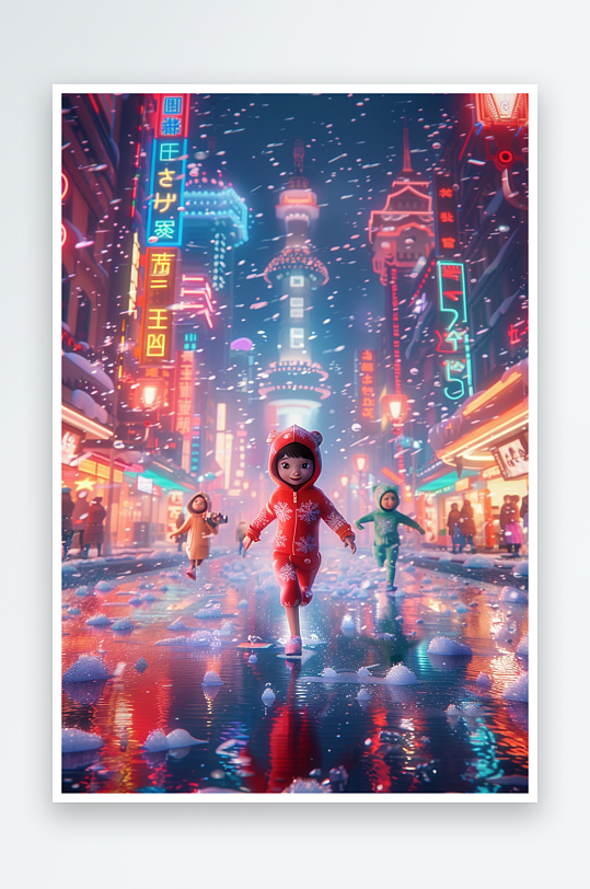 冬天雪地中玩耍的小孩-众图网