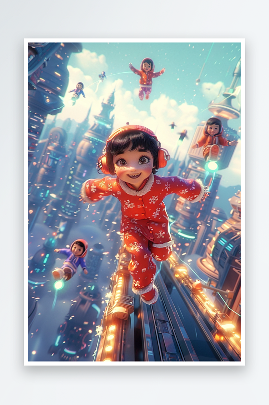 冬天雪地中玩耍的小孩-众图网