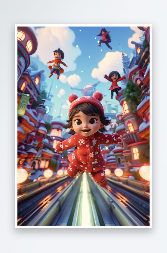 冬天雪地中玩耍的小孩-众图网