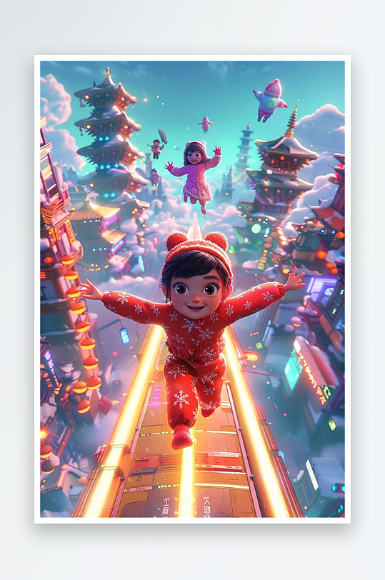 冬天雪地中玩耍的小孩-众图网