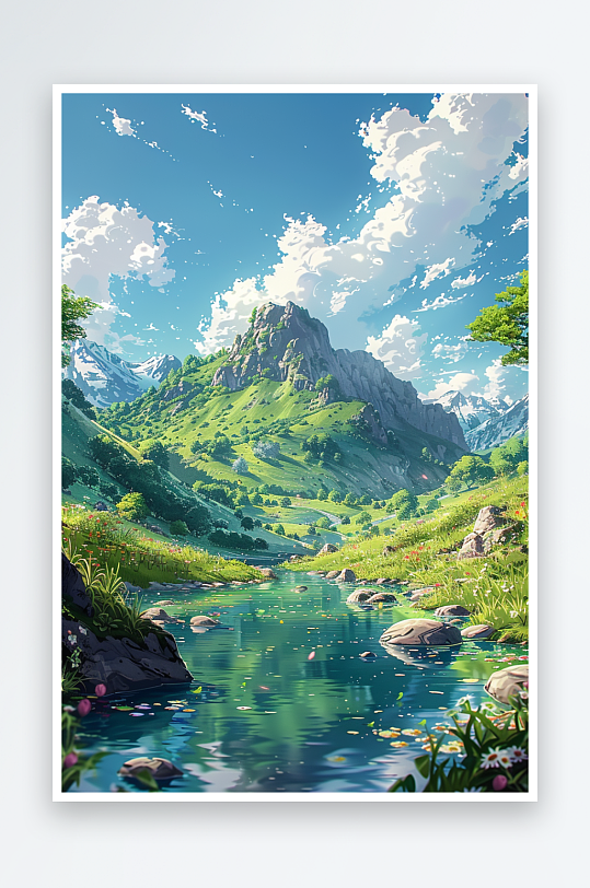 大山绿草地小溪景色-众图网