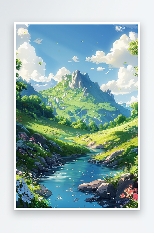 大山绿草地小溪景色-众图网