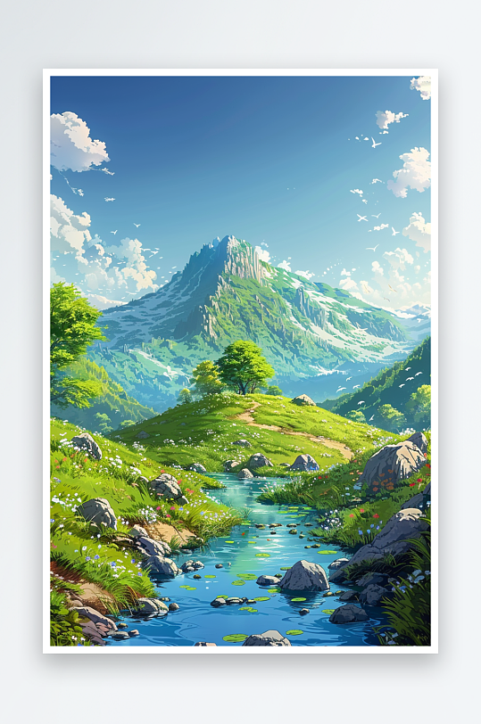大山绿草地小溪景色-众图网