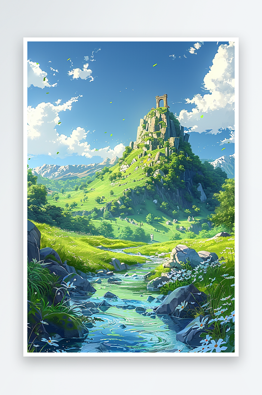 大山绿草地小溪景色-众图网