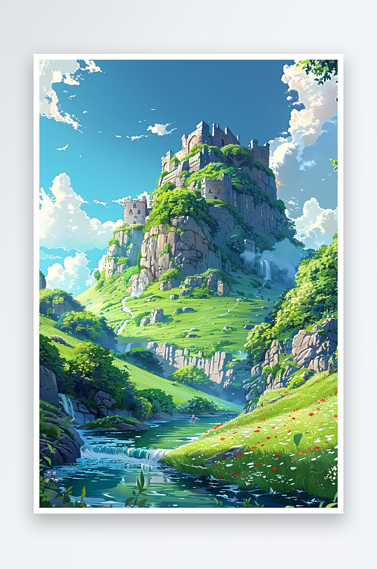 大山绿草地小溪景色-众图网