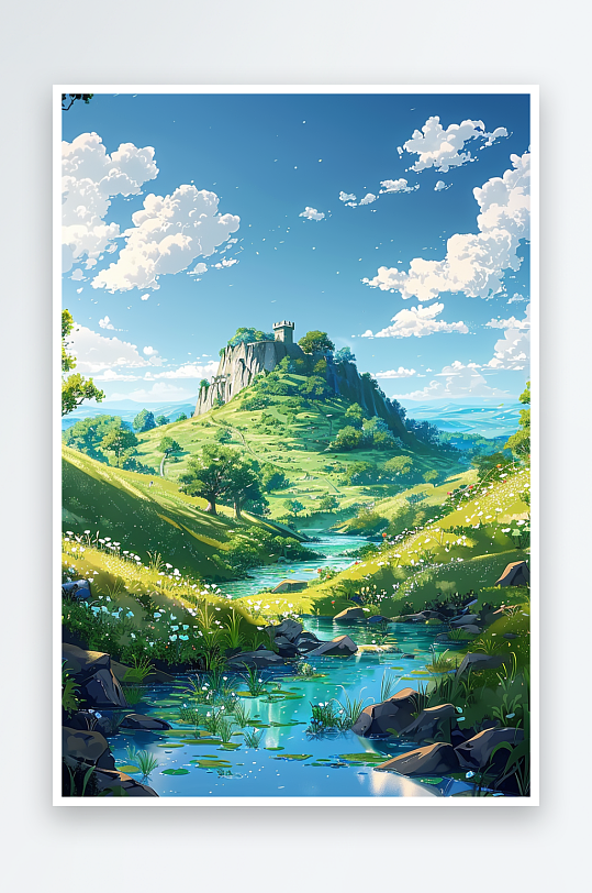 大山绿草地小溪景色-众图网