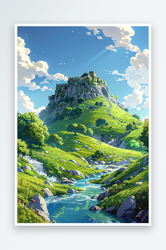 大山绿草地小溪景色-众图网