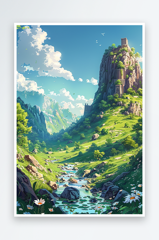 大山绿草地小溪景色-众图网