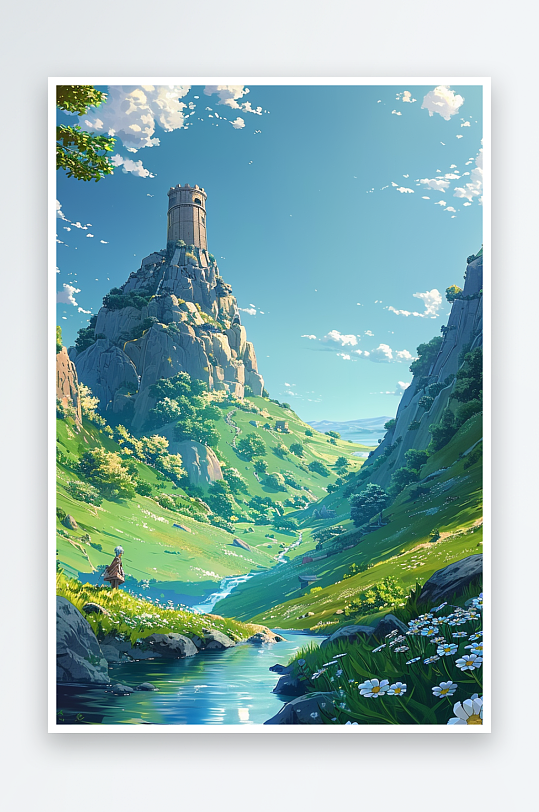 大山绿草地小溪景色-众图网