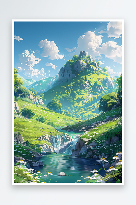 大山绿草地小溪景色-众图网