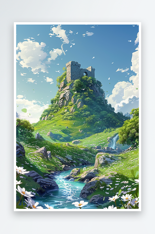 大山绿草地小溪景色-众图网