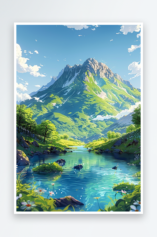 大山绿草地小溪景色-众图网