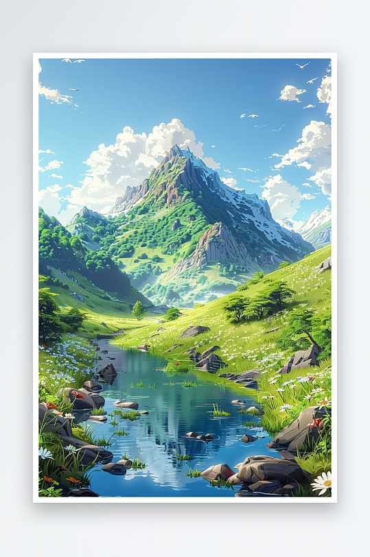 大山绿草地小溪景色-众图网