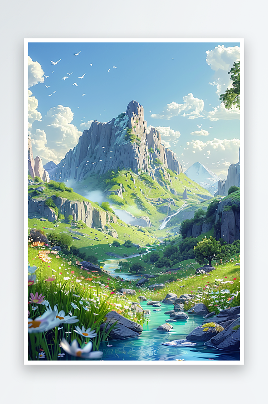 大山绿草地小溪景色-众图网