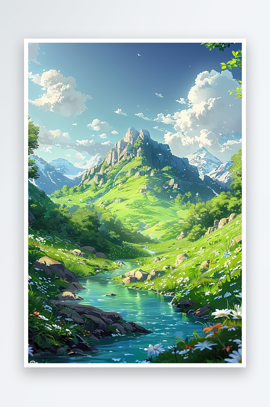 大山绿草地小溪景色-众图网