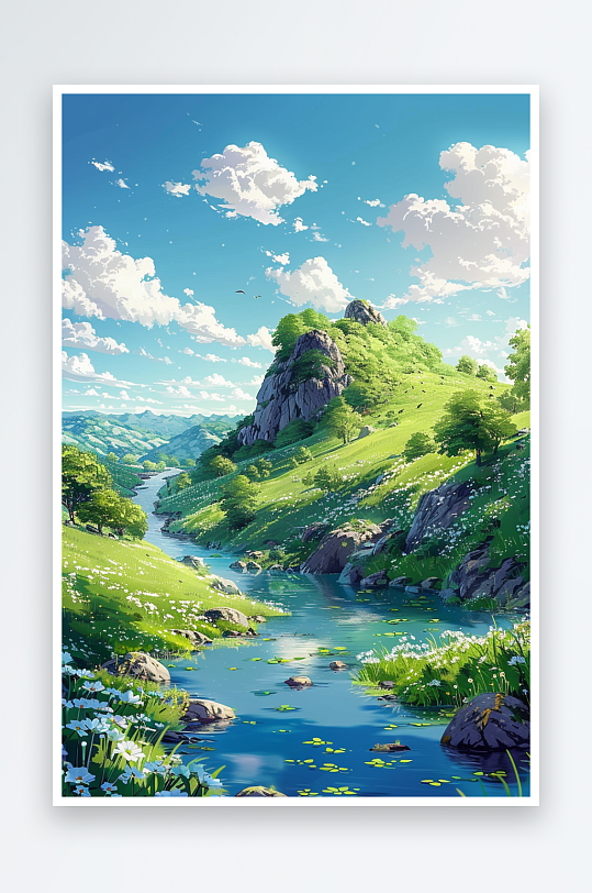 大山绿草地小溪景色-众图网