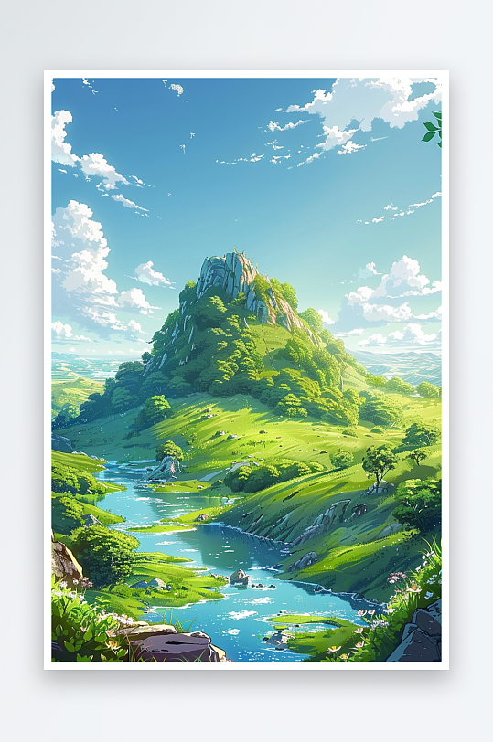 大山绿草地小溪景色-众图网