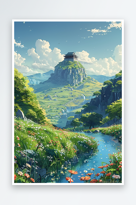 大山绿草地小溪景色-众图网