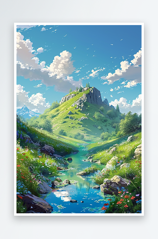 大山绿草地小溪景色-众图网