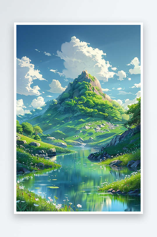 大山绿草地小溪景色-众图网
