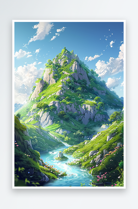 大山绿草地小溪景色-众图网