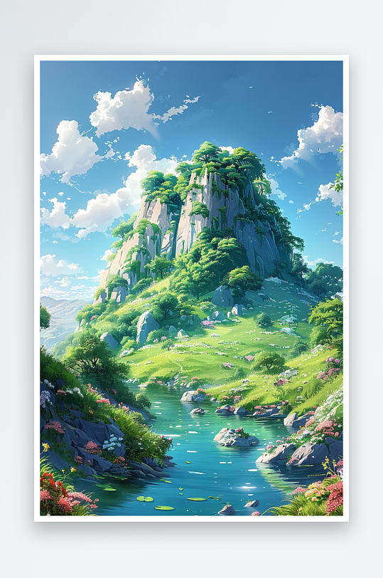 大山绿草地小溪景色-众图网