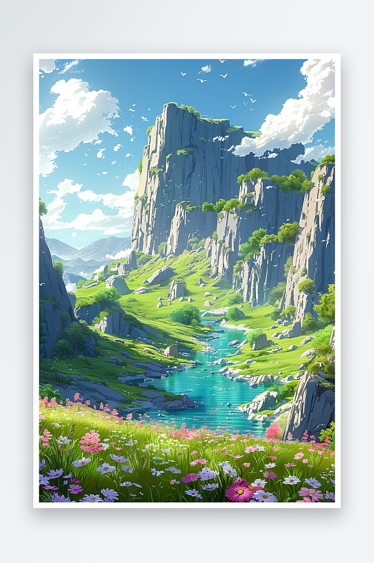 大山绿草地小溪景色-众图网