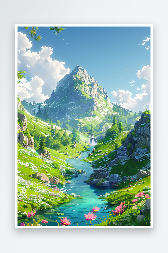 大山绿草地小溪景色-众图网