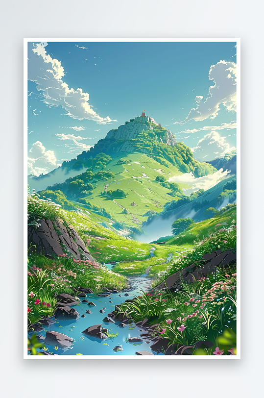 大山绿草地小溪景色-众图网