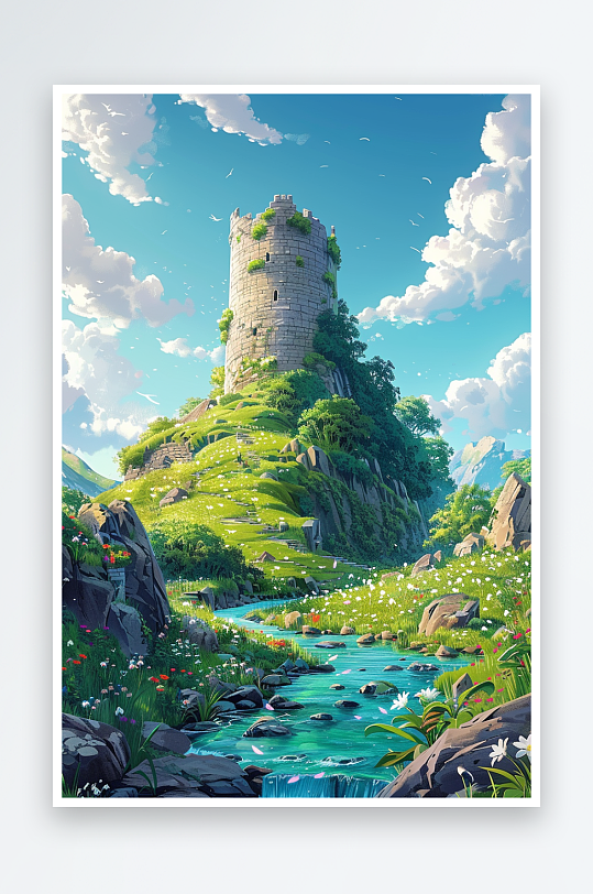 大山绿草地小溪景色-众图网