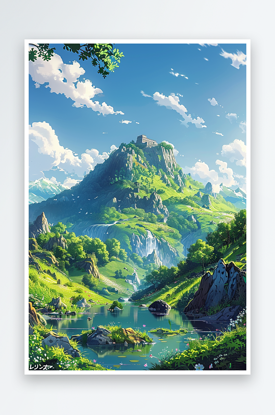 大山绿草地小溪景色-众图网