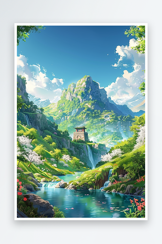 大山绿草地小溪景色-众图网