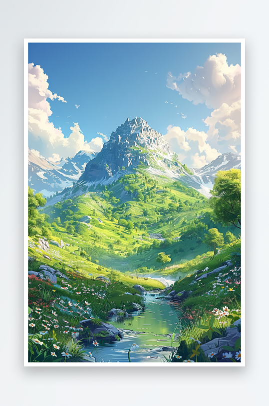 大山绿草地小溪景色-众图网