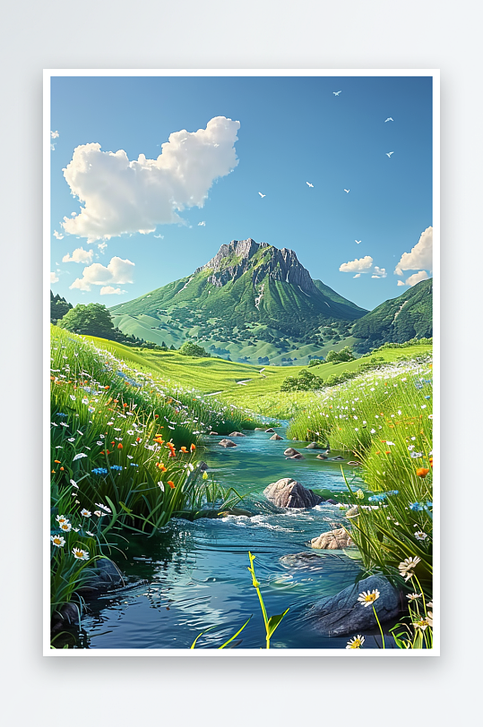 大山绿草地小溪景色-众图网