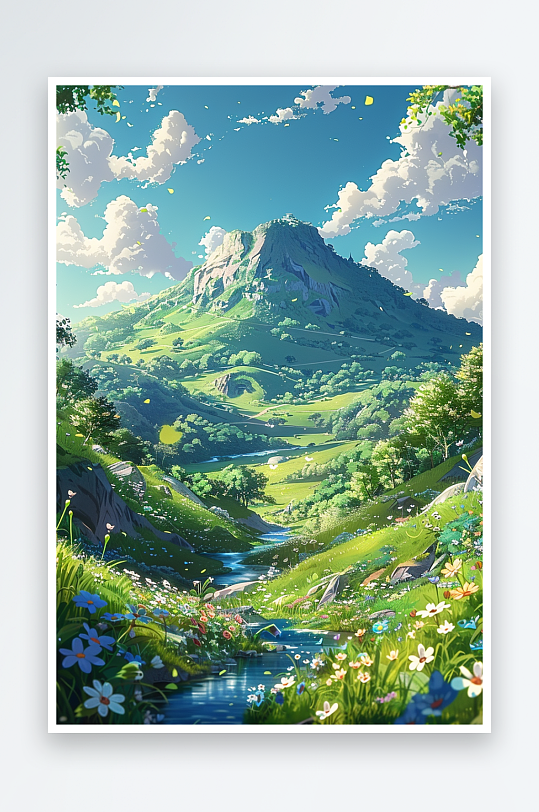 大山绿草地小溪景色-众图网