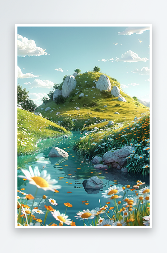 大山绿草地小溪景色-众图网