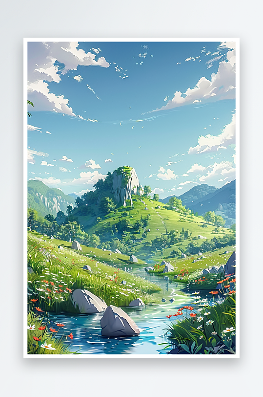 大山绿草地小溪景色-众图网