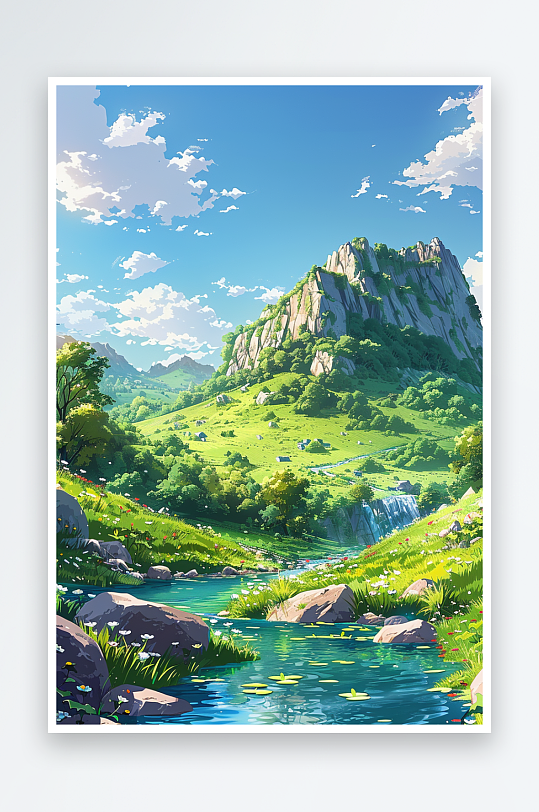 大山绿草地小溪景色-众图网