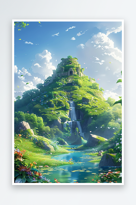 大山绿草地小溪景色-众图网