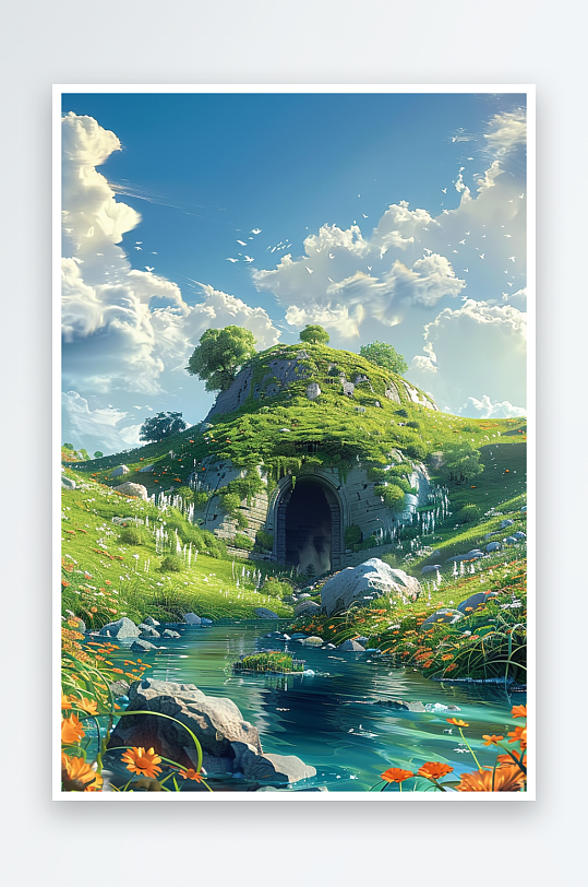 大山绿草地小溪景色-众图网