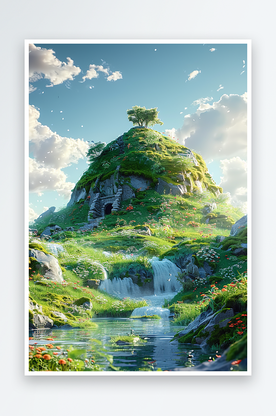 大山绿草地小溪景色-众图网