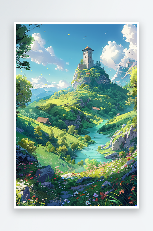 大山绿草地小溪景色-众图网