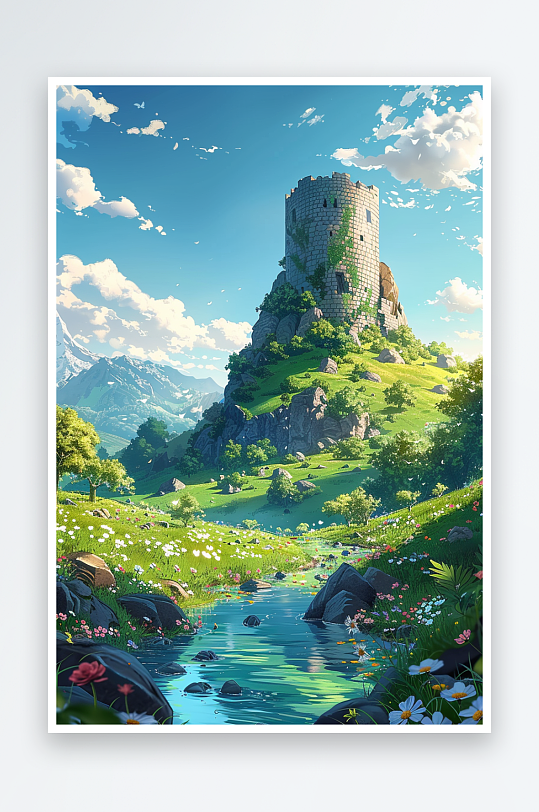 大山绿草地小溪景色-众图网