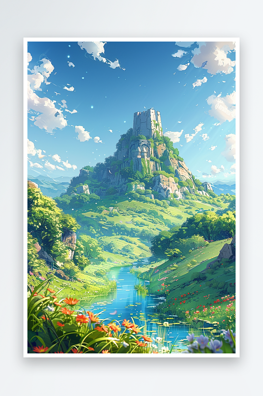 大山绿草地小溪景色-众图网