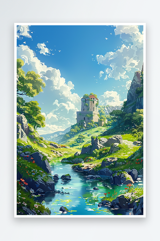 大山绿草地小溪景色-众图网