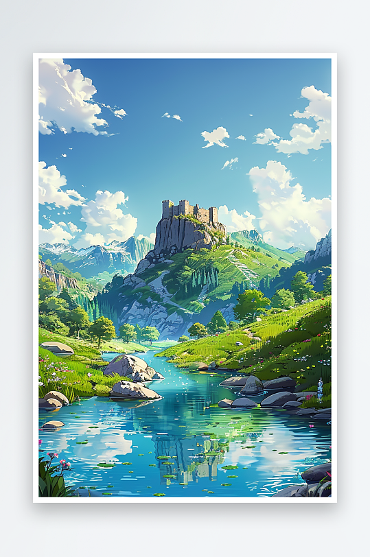 大山绿草地小溪景色-众图网