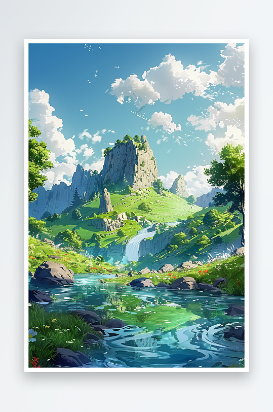 大山绿草地小溪景色-众图网