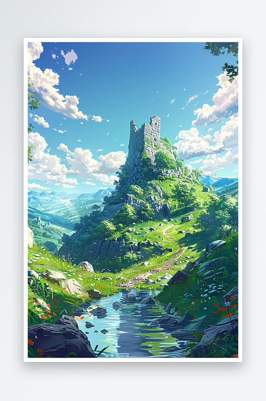 大山绿草地小溪景色-众图网